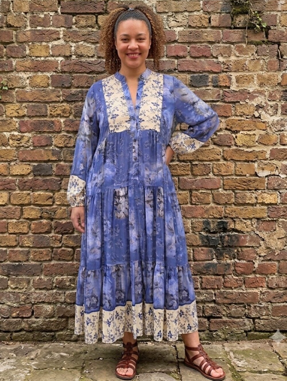 Viscose Blue Floral Maxi Dress with Contrast Trim Abaya